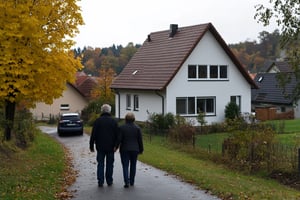 Älteres Ehepaar läuft auf ein Einfamilienhaus zu